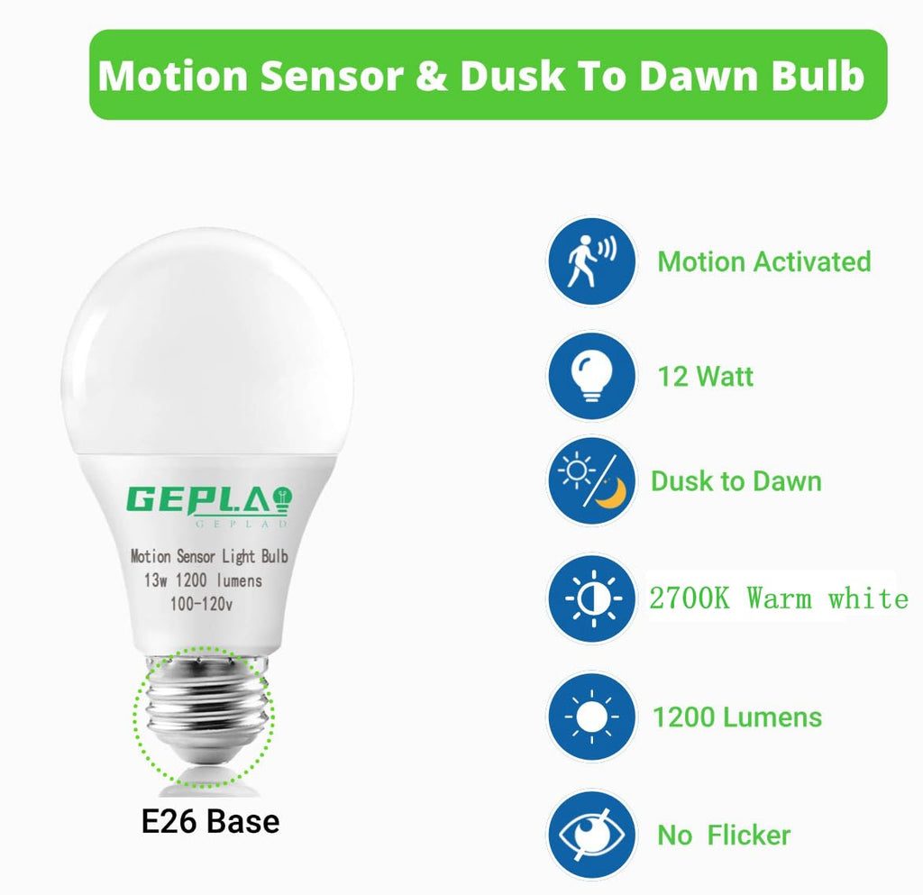 GEPLAD 4 Pack Motion Sensor LED Bulbs – 12W (100W Equivalent), Dusk-to-Dawn A19 E26