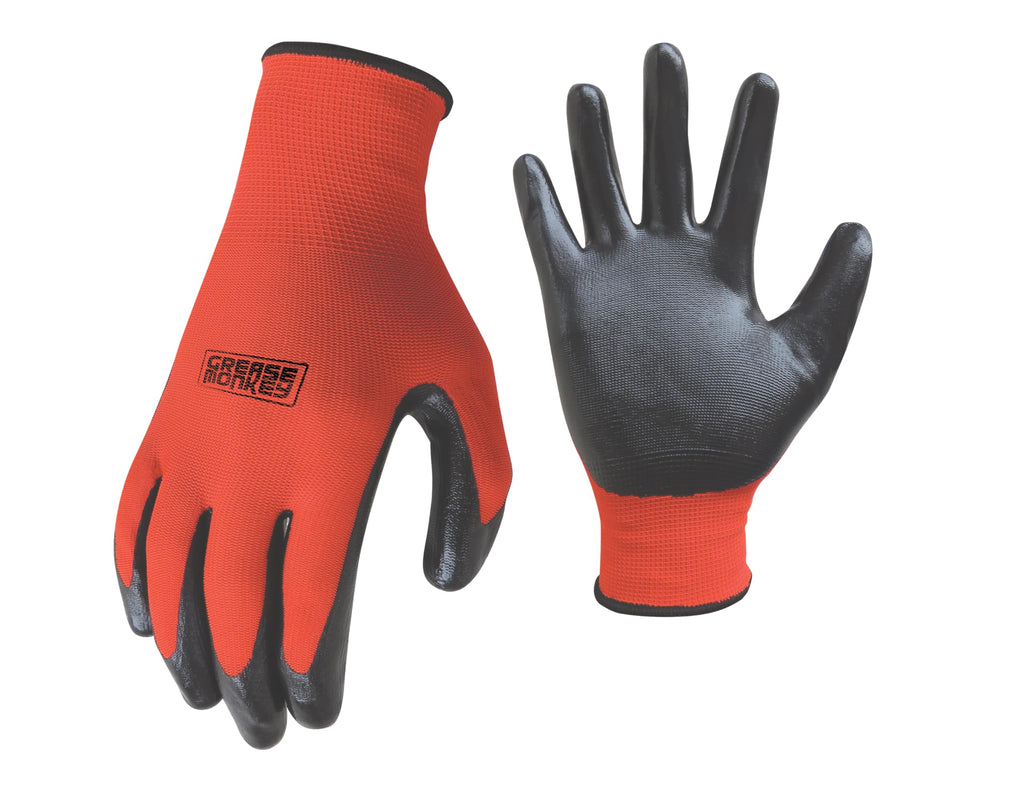 Grease Monkey General Purpose Nitrile Coated Work Gloves – Size Large, 12 Pack, Red