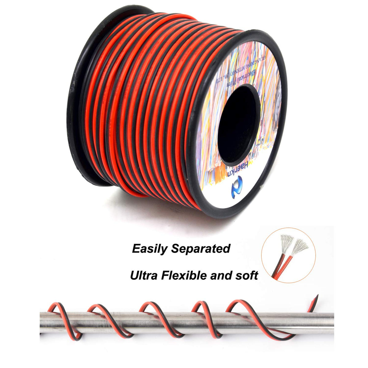 Haerkn 20 AWG Silicone Wire, 2-Conductor Parallel, 200 ft Total (Black & Red), 600V, Tinned Copper