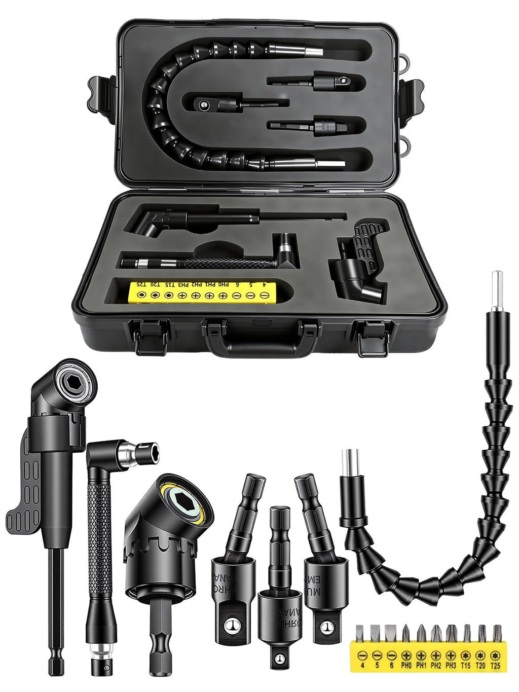 HaimaiLife Right Angle Drill Attachment Kit — 17-Piece Magnetic Bit Set, 90/105° Rotatable Adapters