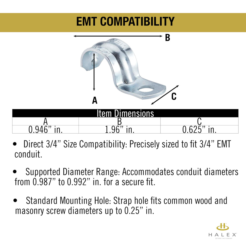 Halex 3/4 in EMT Strap – 1-Hole, UL Listed, Zinc-Plated Steel, 100-Pack