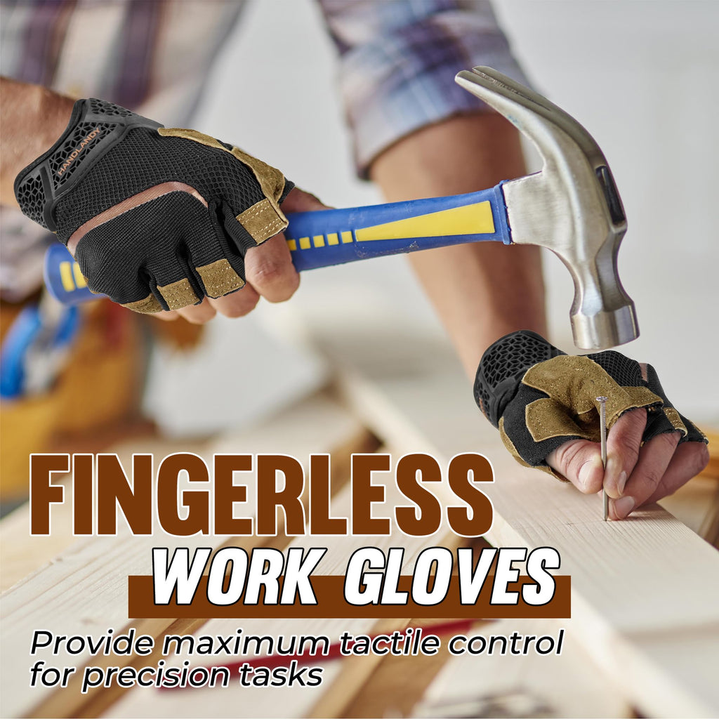 HANDLANDY Fingerless Work Gloves – Uwrist Closure, Pigskin Leather Palm, Breathable Half-Finger (Large)