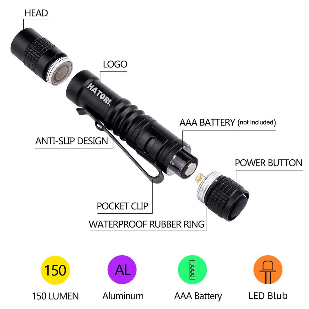 HATORI LED Mini Flashlight – 4 Pack, 150-Lumen Pocket Pen Light (3.55 in) for Camping, Outdoor, Emergency