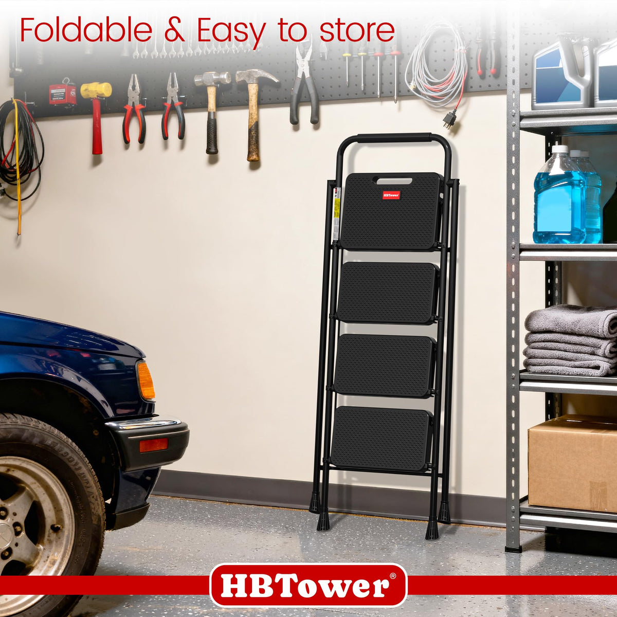 HBTower 4-Step Folding Ladder – Lightweight, Anti-Slip Step Stool for Home