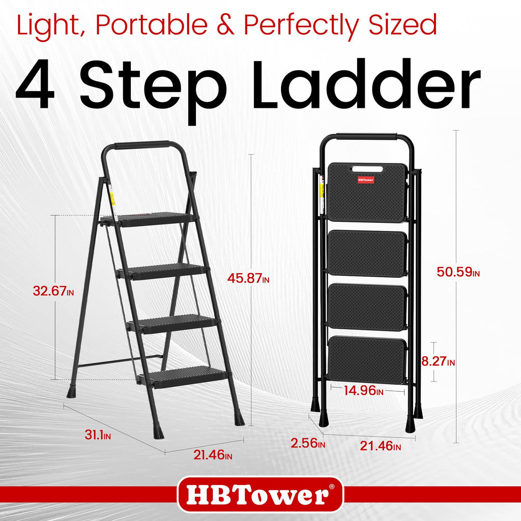 HBTower 4-Step Folding Ladder – Lightweight, Anti-Slip Step Stool for Home