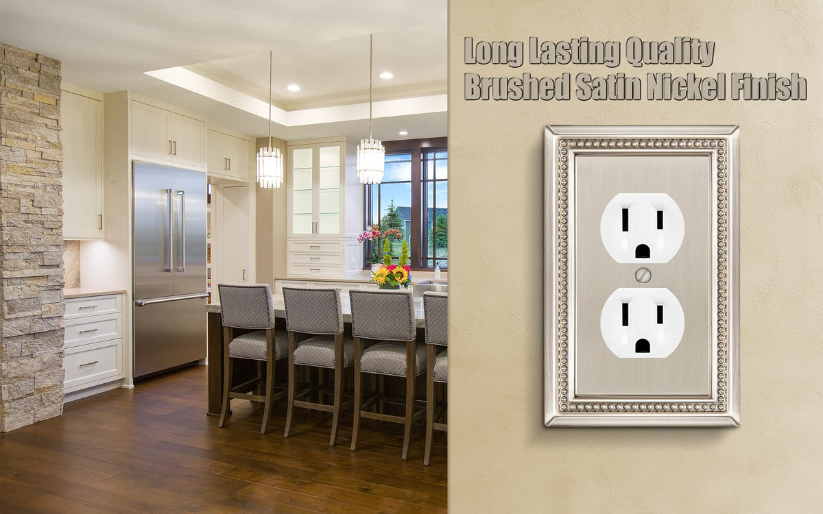 Henne Bery Sunken Pearls Heavy Duty Decorative Wall Plate – Satin Nickel (Single Duplex, 3 Pack)
