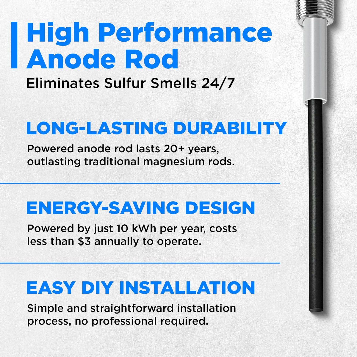 HertzEagle Powered Anode Rod for Water Heaters – Odor Elimination, 40-89 Gallon, Titanium