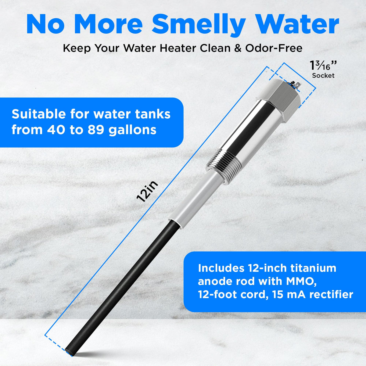 HertzEagle Powered Anode Rod for Water Heaters – Odor Elimination, 40-89 Gallon, Titanium