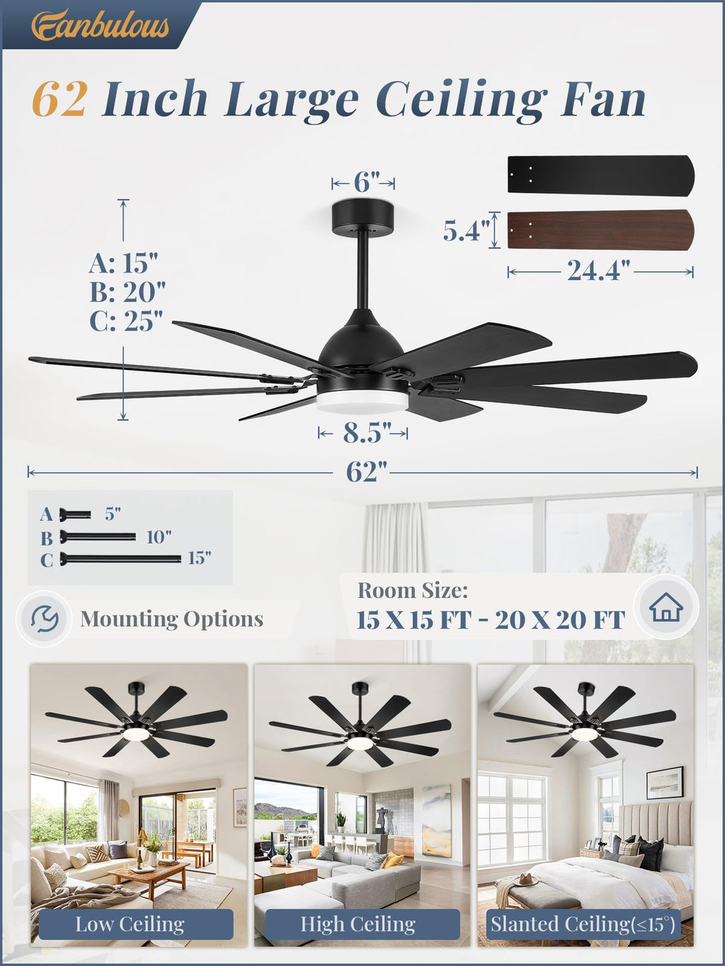 Fanbulous 62-Inch Ceiling Fan with Lights – Black, Remote, 8 Dual-Finish Blades