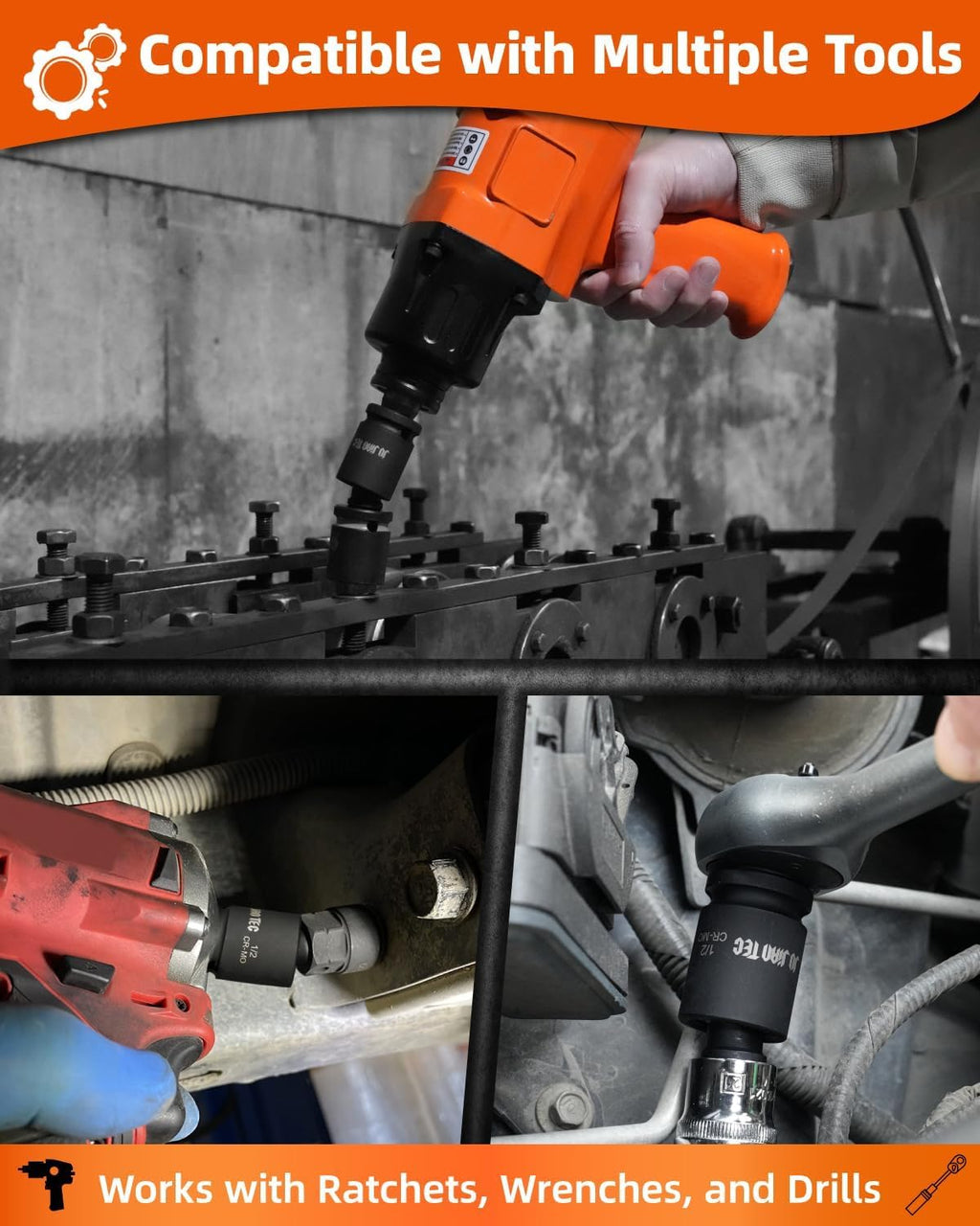 JU JIAN TEC Impact Universal Joint-Socket Swivel Set - 3-Piece (1/4, 3/8, 1/2 in Drive)