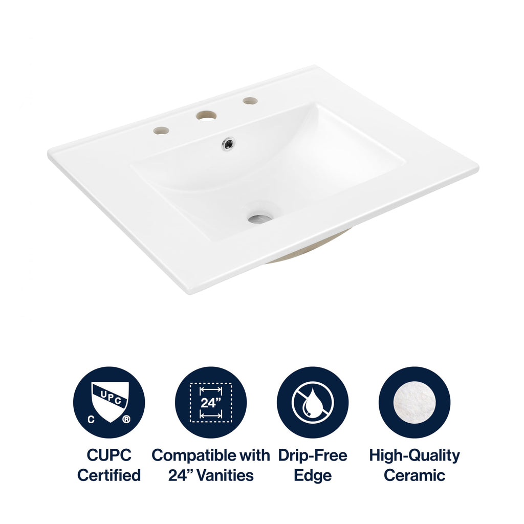 JONATHAN Y SNK1001A – 24"W x 18.25"D Ceramic Sink Vanity Top, White (3-Hole)