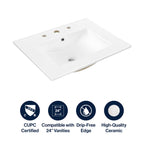 JONATHAN Y SNK1001A – 24"W x 18.25"D Ceramic Sink Vanity Top, White (3-Hole)