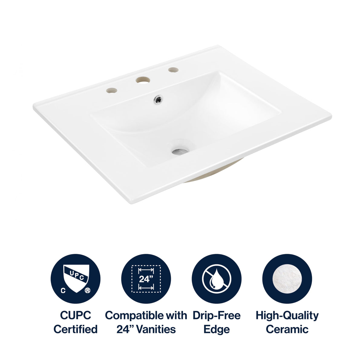 JONATHAN Y SNK1001A – 24"W x 18.25"D Ceramic Sink Vanity Top, White (3-Hole)