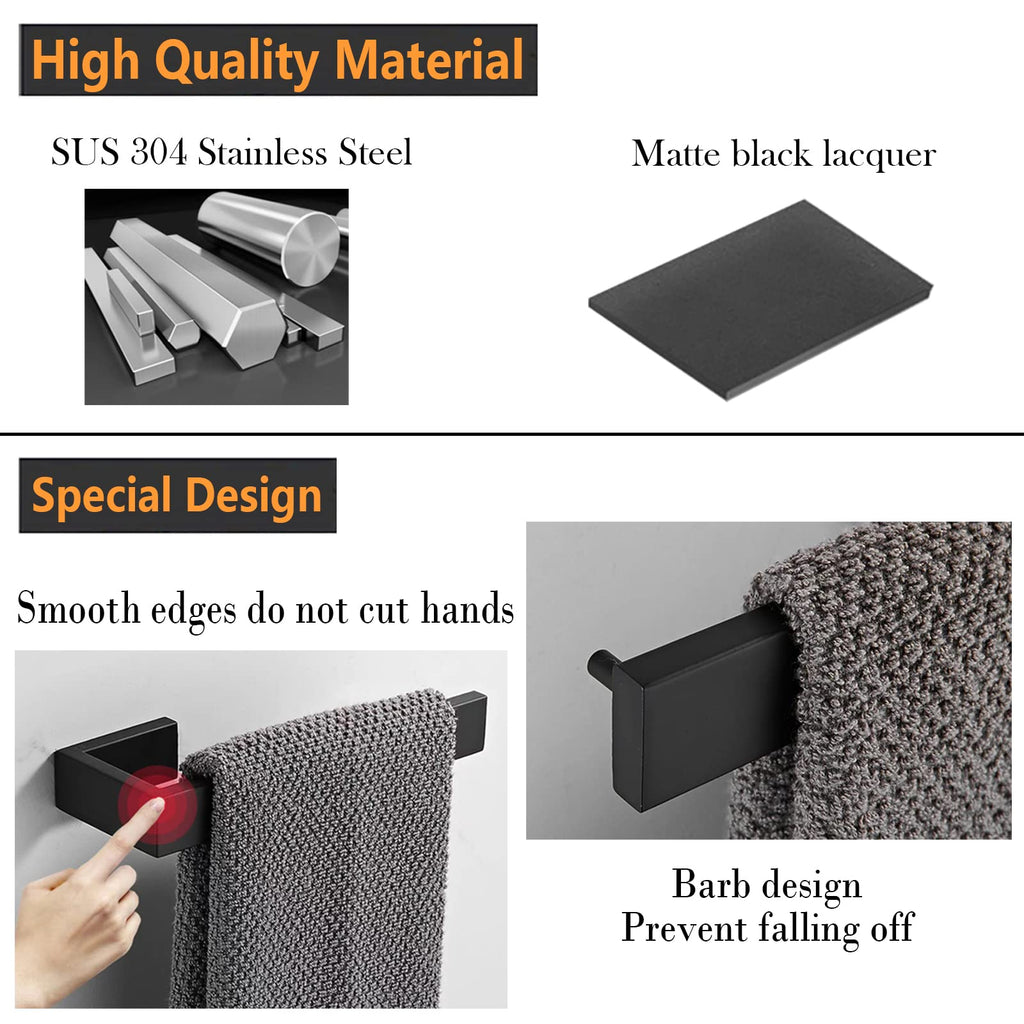 JOPOFI Hand Towel Holder 8" Rectangular Matte Black – SUS304 Stainless Steel Wall Mount