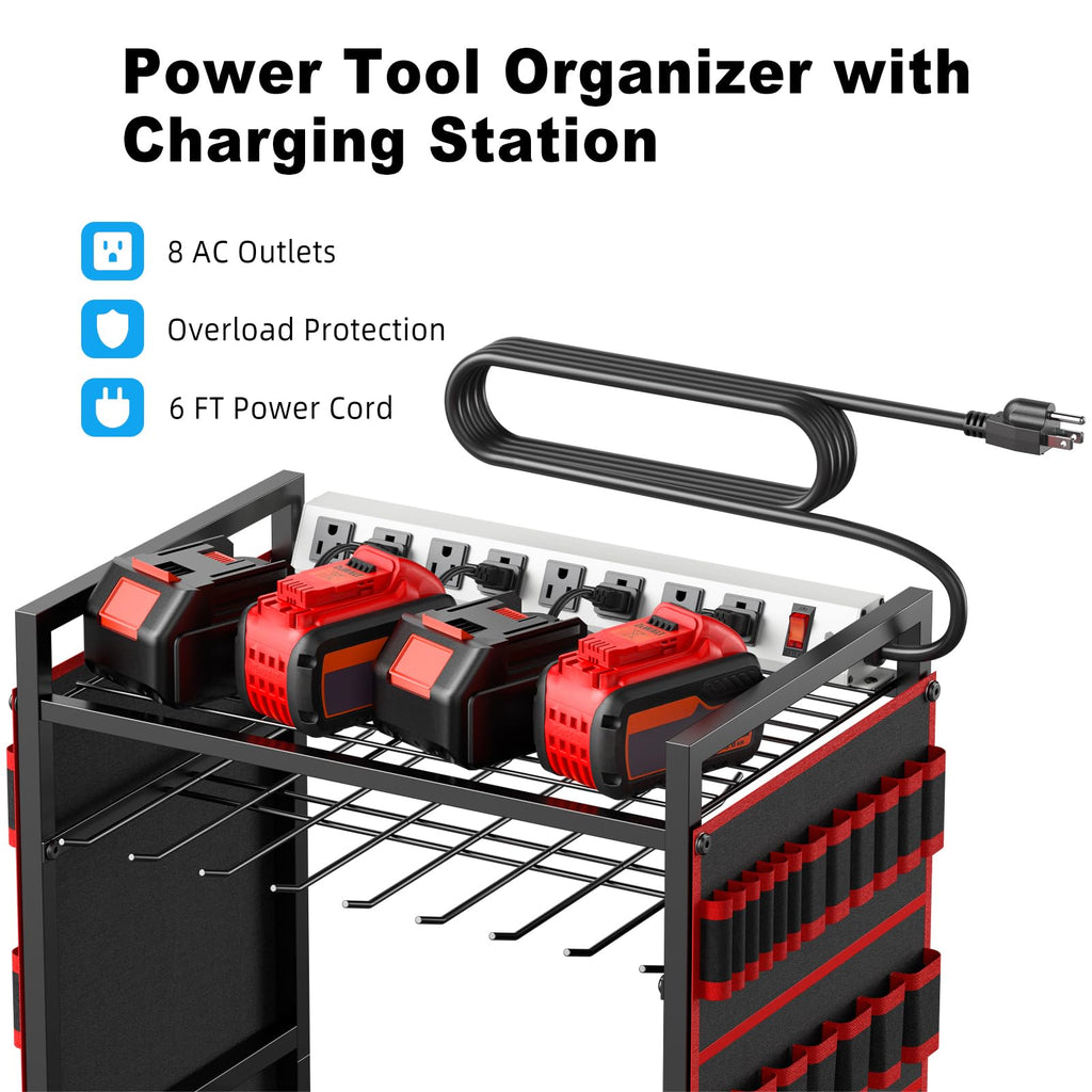 JUNNUJ Large Power Tool Organizer Cart with Charging Station — 8-Outlet, Mobile Red