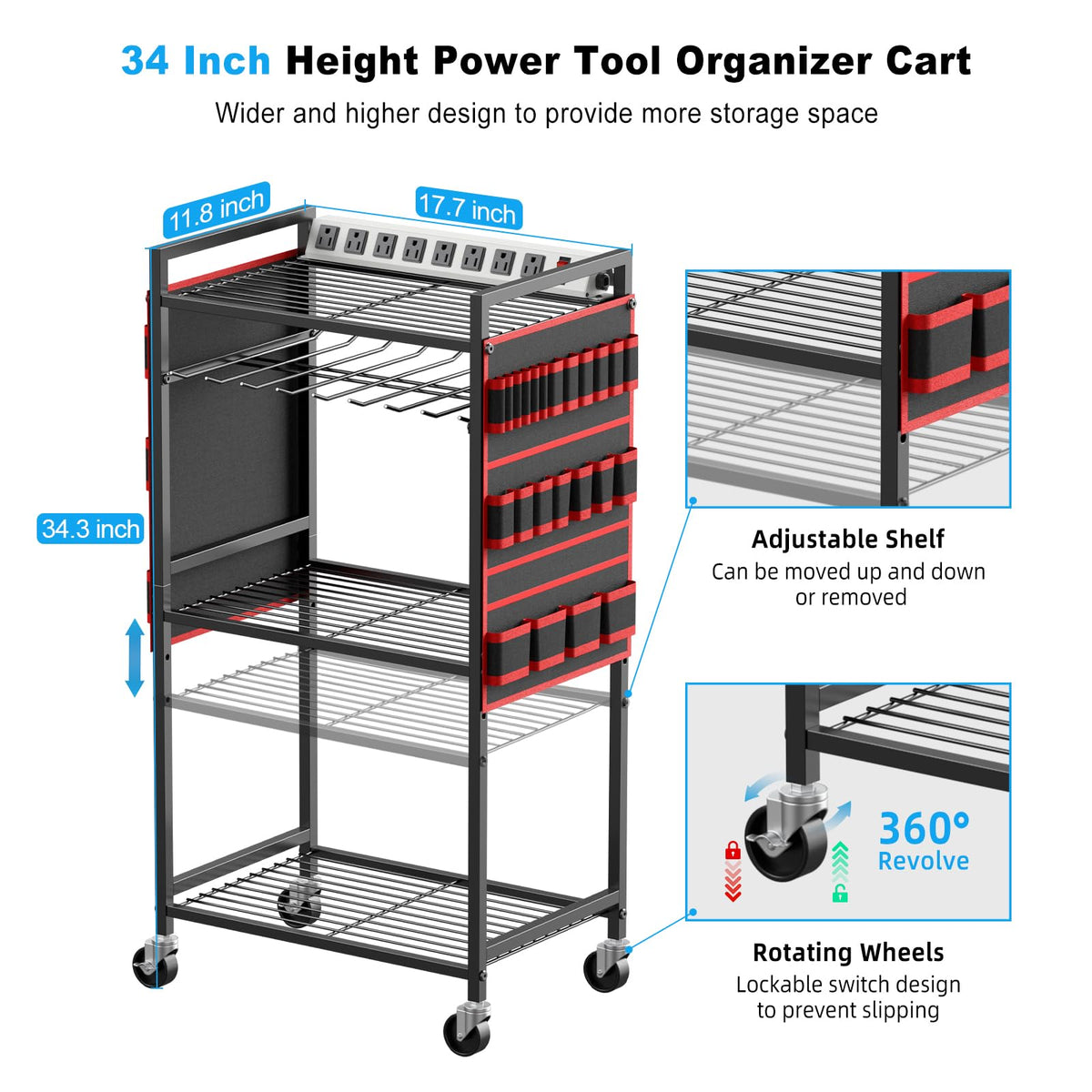 JUNNUJ Large Power Tool Organizer Cart with Charging Station — 8-Outlet, Mobile Red