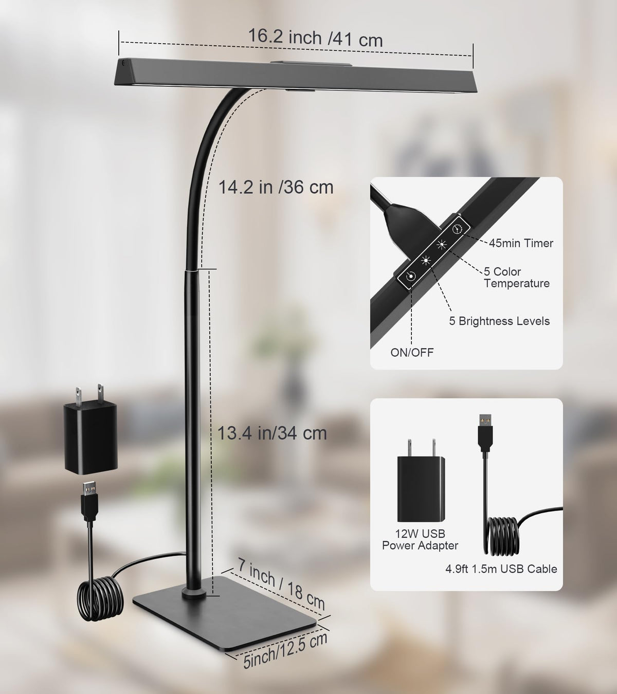 Kaulsoue Desk Lamp – Adjustable Gooseneck, 5 Dimmable Brightness & 5 Color Temps, Eye-Caring LED for Home Office