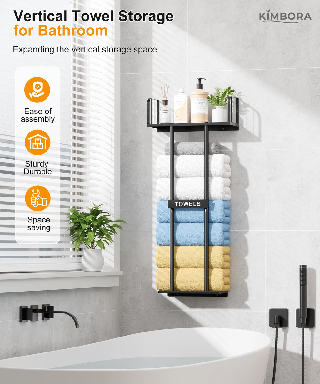 KIMBORA Wall Mounted Towel Rack with Top Shelf – 36-inch Bathroom Organizer in Black