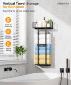 KIMBORA Wall Mounted Towel Rack with Top Shelf – 36-inch Bathroom Organizer in Black
