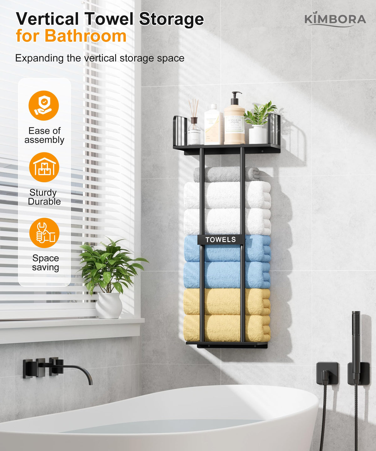 KIMBORA Wall Mounted Towel Rack with Top Shelf – 36-inch Bathroom Organizer in Black