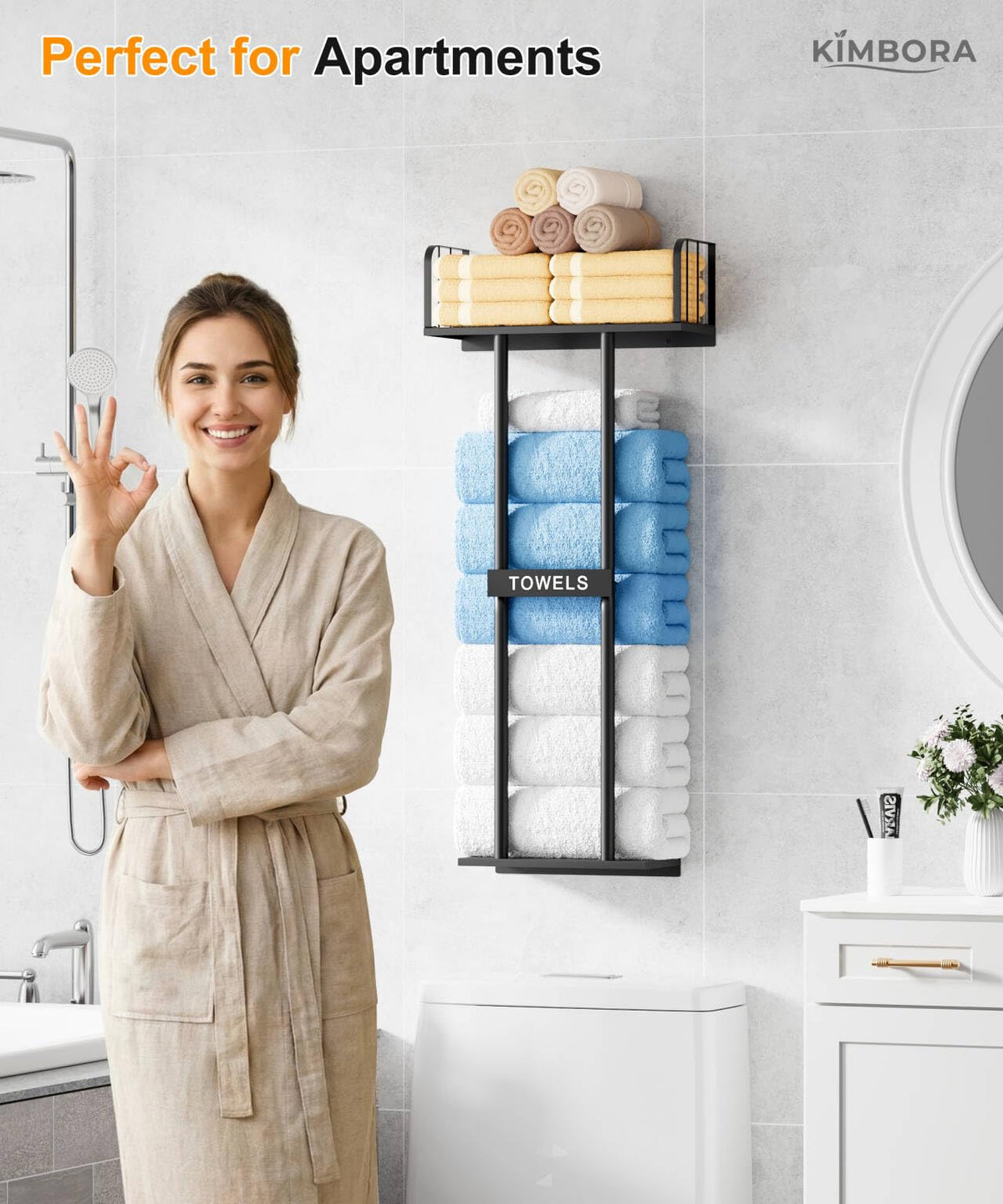 KIMBORA Wall Mounted Towel Rack with Top Shelf – 36-inch Bathroom Organizer in Black