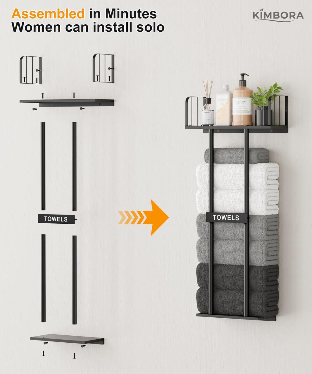 KIMBORA Wall Mounted Towel Rack with Top Shelf – 36-inch Bathroom Organizer in Black