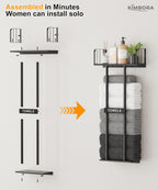 KIMBORA Wall Mounted Towel Rack with Top Shelf – 36-inch Bathroom Organizer in Black