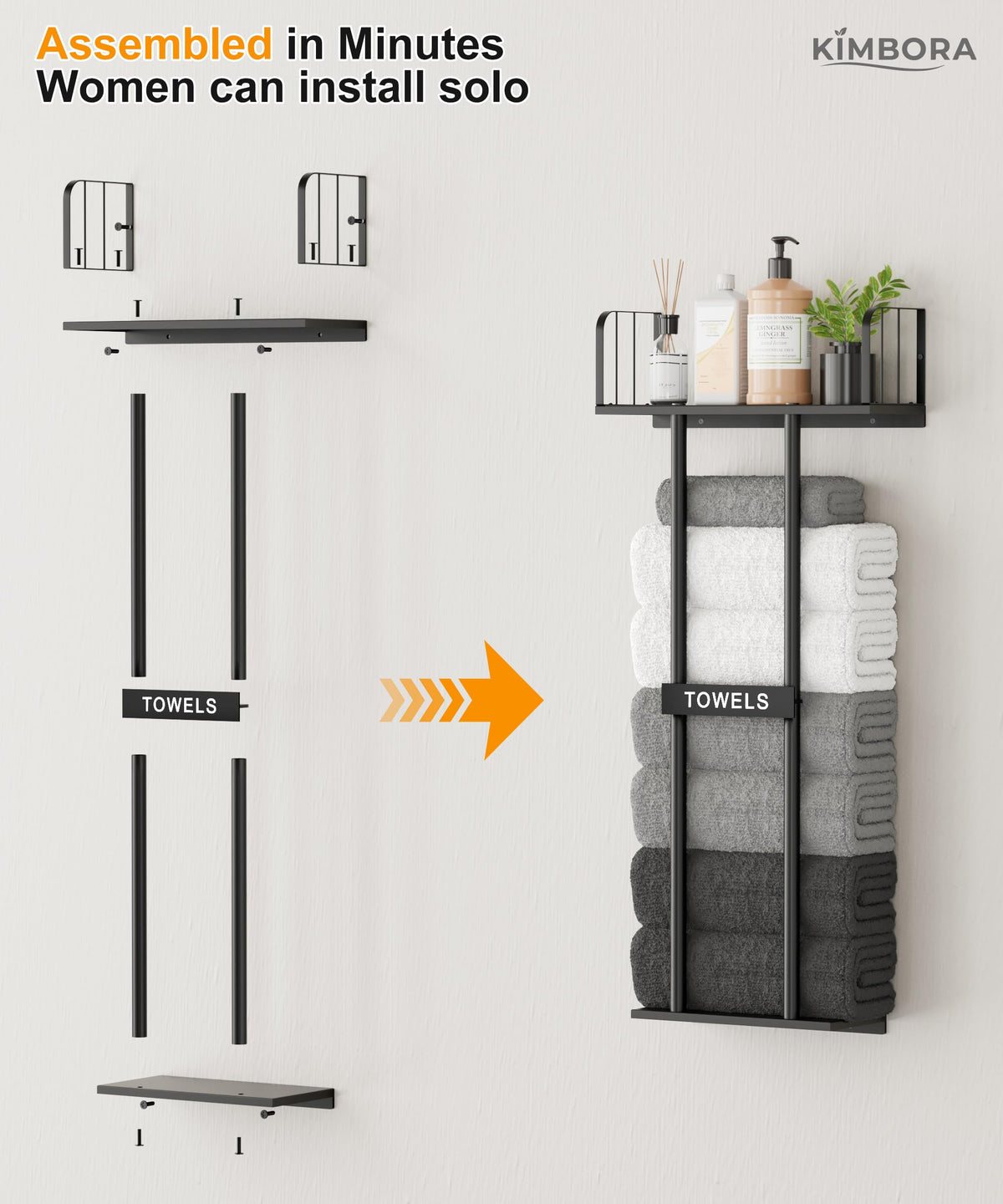 KIMBORA Wall Mounted Towel Rack with Top Shelf – 36-inch Bathroom Organizer in Black