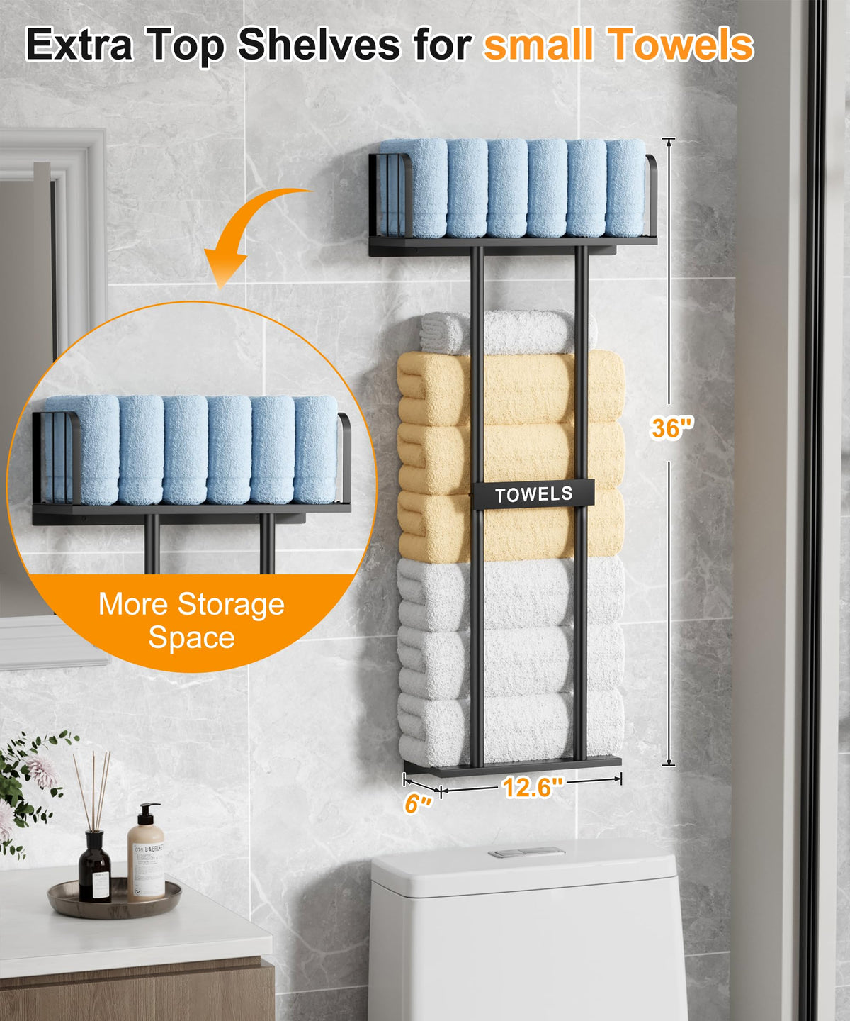 KIMBORA Wall Mounted Towel Rack with Top Shelf – 36-inch Bathroom Organizer in Black