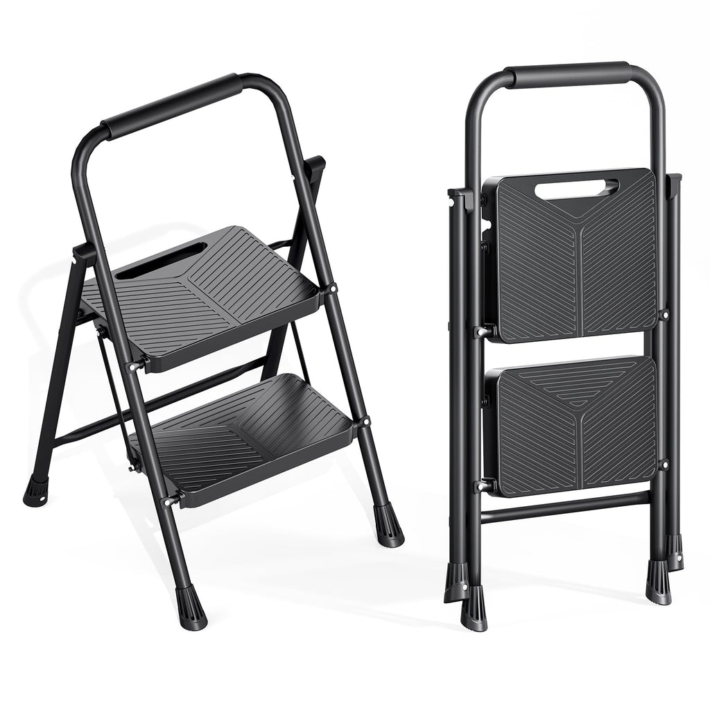 KINGRACK 2 Step Ladder – Folding Handrail Stool, 500 lbs Capacity, Anti-Slip Pedals