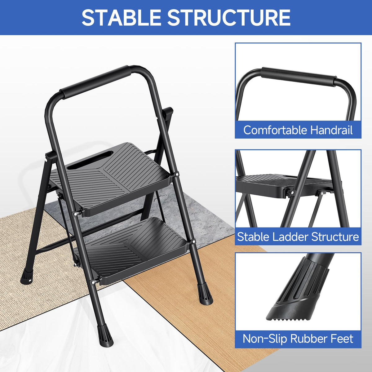 KINGRACK 2 Step Ladder – Folding Handrail Stool, 500 lbs Capacity, Anti-Slip Pedals