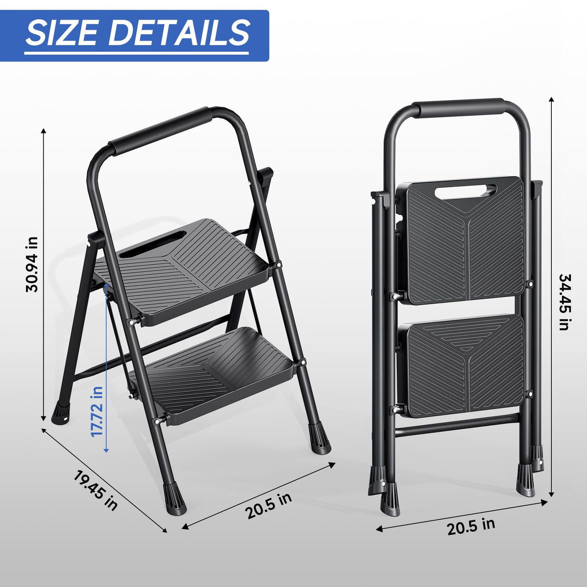 KINGRACK 2 Step Ladder – Folding Handrail Stool, 500 lbs Capacity, Anti-Slip Pedals