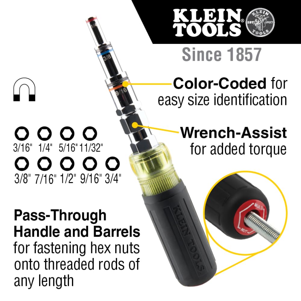 Klein Tools 32809MAG 9-in-1 Magnetic Pass-Through Nut Driver – SAE Hex Sizes 3/16 to 3/4 in