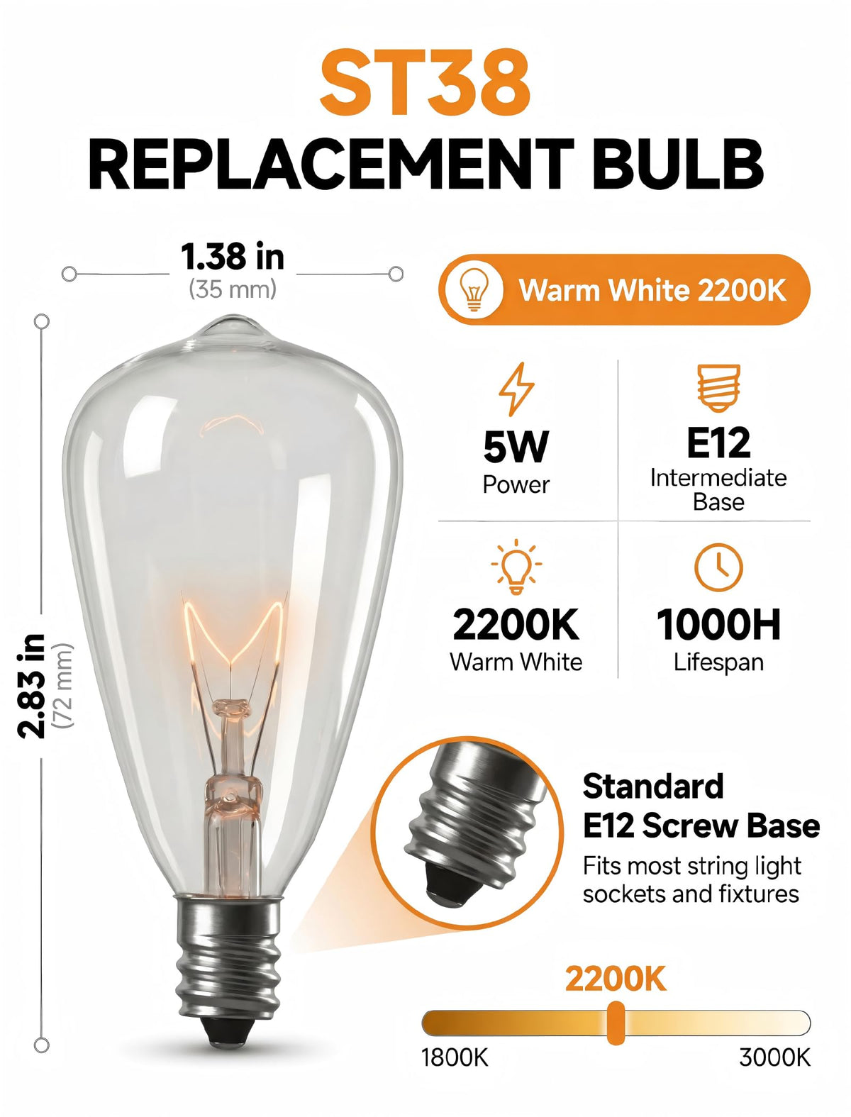 Konictom ST38 Edison Replacement Bulbs - 7W Clear Glass, C7/E12, 10 Pack