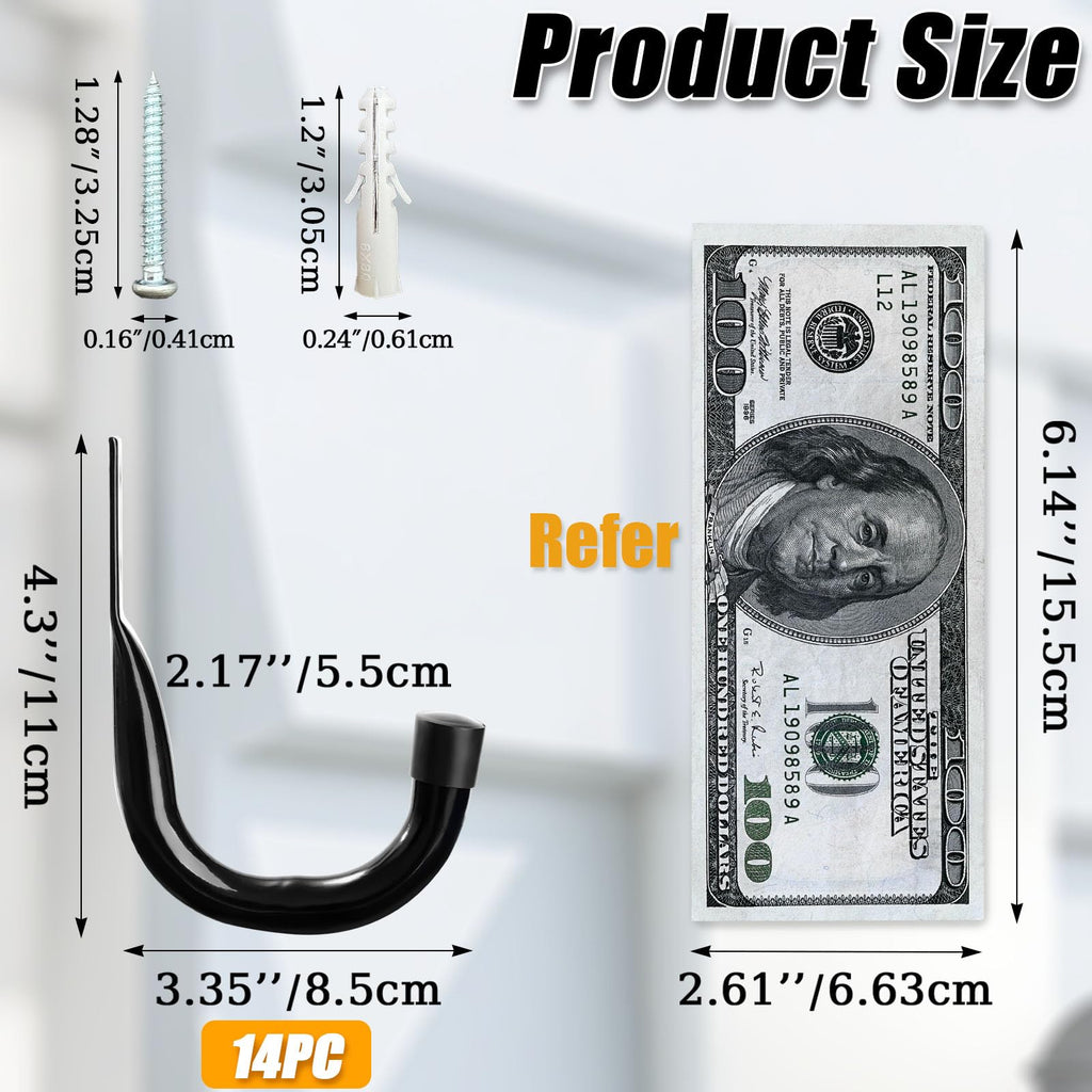 KURUI Large Metal Wall Hooks – 14-Piece Garage & Home Organization Set