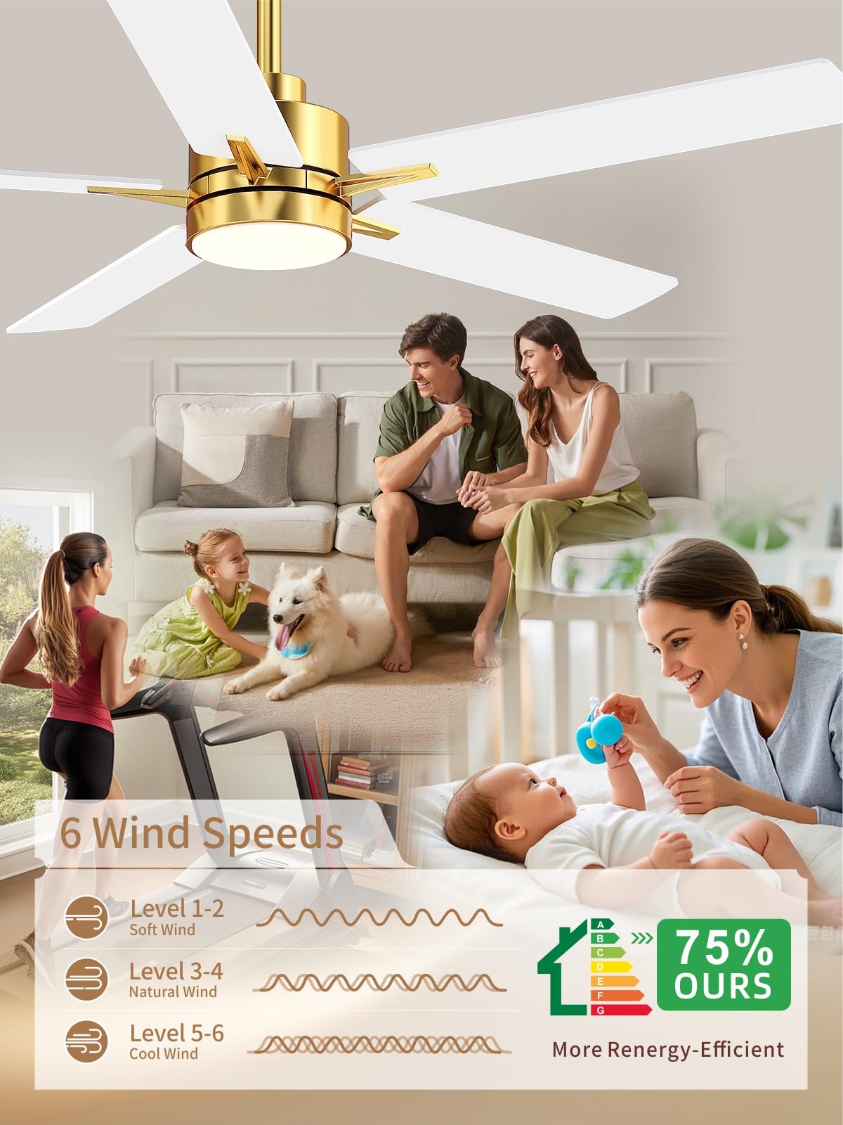 LANMEL 52'' Ceiling Fan with Lights and Remote — 6 Speeds, Gold Finish, Quiet DC Motor