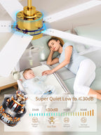 LANMEL 52'' Ceiling Fan with Lights and Remote — 6 Speeds, Gold Finish, Quiet DC Motor
