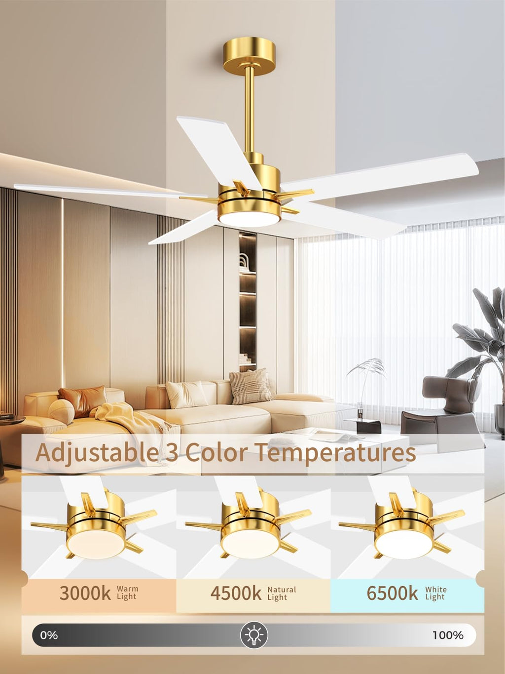 LANMEL 52'' Ceiling Fan with Lights and Remote — 6 Speeds, Gold Finish, Quiet DC Motor