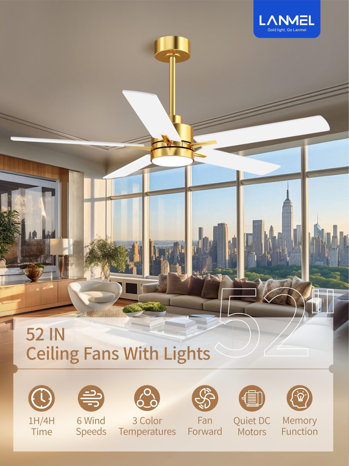 LANMEL 52'' Ceiling Fan with Lights and Remote — 6 Speeds, Gold Finish, Quiet DC Motor