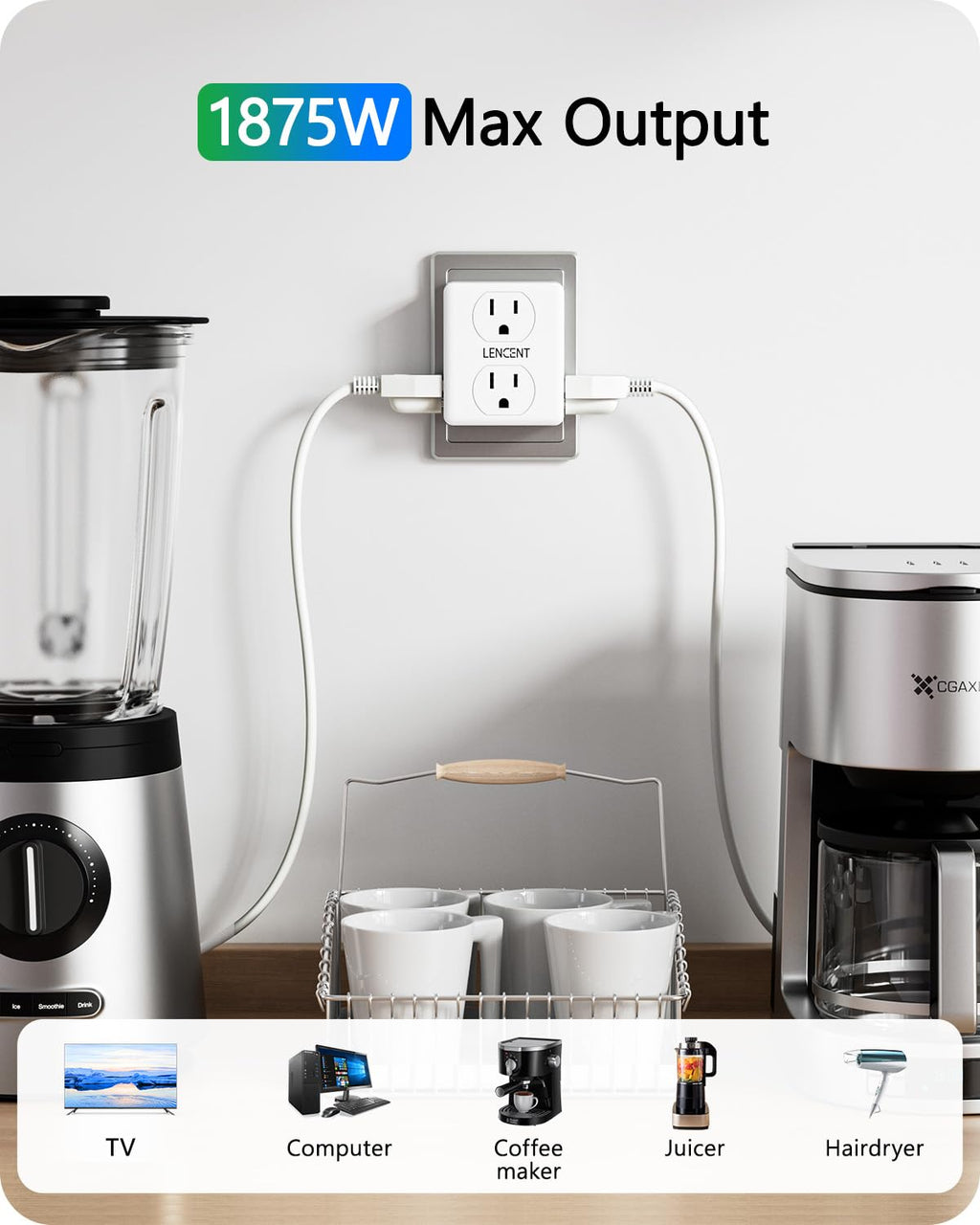 LENCENT 2-to-3 Prong Outlet Adapter – 6-Outlet Wall Tap (1875W Max) for Non-Grounded Outlets