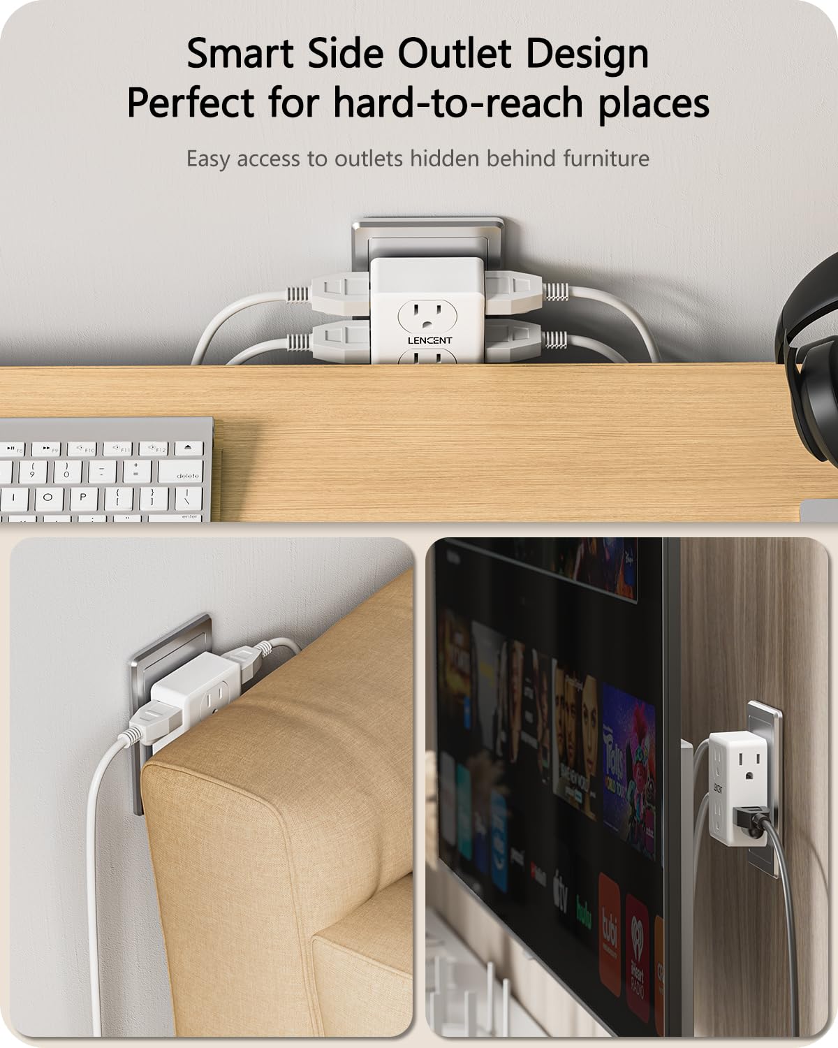 LENCENT 2-to-3 Prong Outlet Adapter – 6-Outlet Wall Tap (1875W Max) for Non-Grounded Outlets
