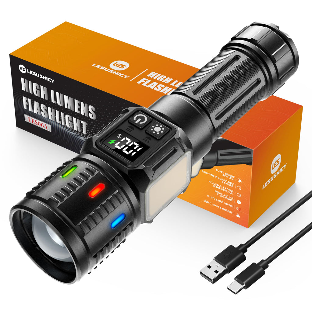Lesusnicy Rechargeable Flashlight — 100,000 Lumens, Dual Light Source, USB-C LCD Display