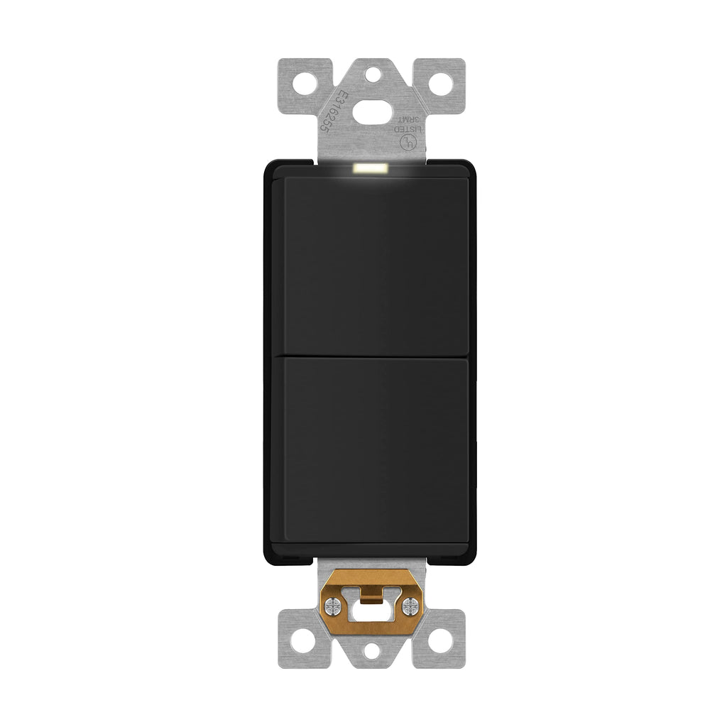 LIDER Minimalist Lighted Double Switch – 15A 120-277V, Ground Terminal, UL Listed, Matte Black
