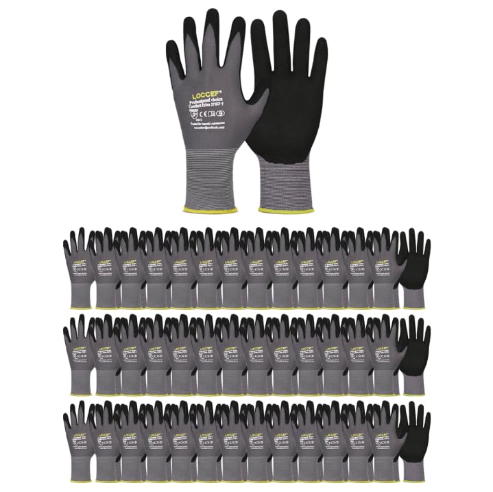 LOCCEF MicroFoam Nitrile Coated Work Gloves – 6 Pairs, Seamless Knit Nylon