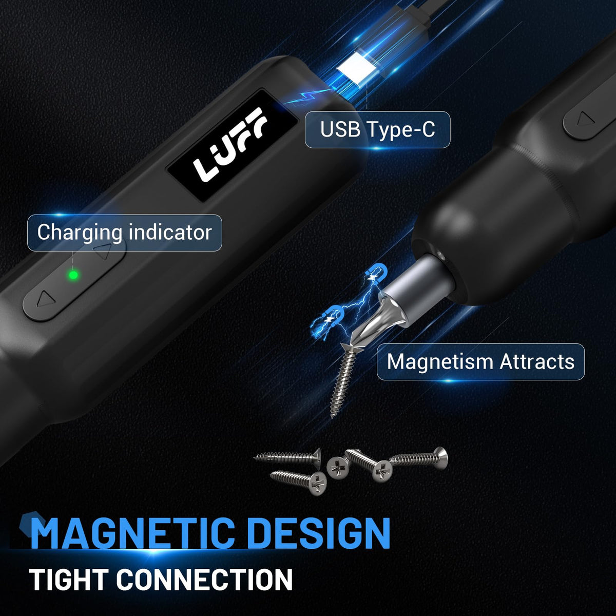 LUFF Electric Screwdriver Set 4V Cordless — 250 RPM, USB-C, LED, 12 Bits