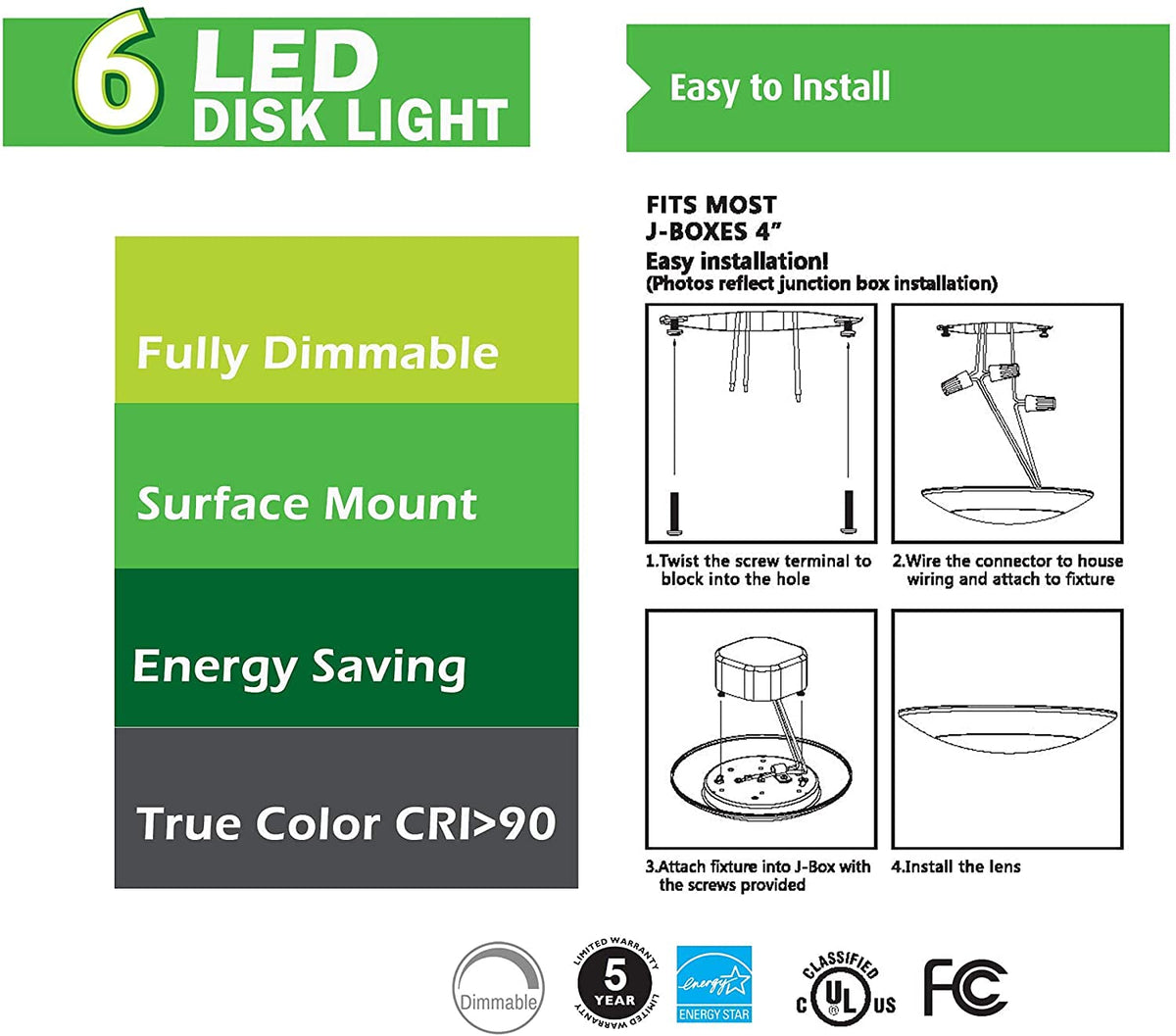 Lunabode LED 7.5-inch Flush Mount Disk Light – Dimmable 16.5W, 1100 Lumens, 4000K, Wet Location