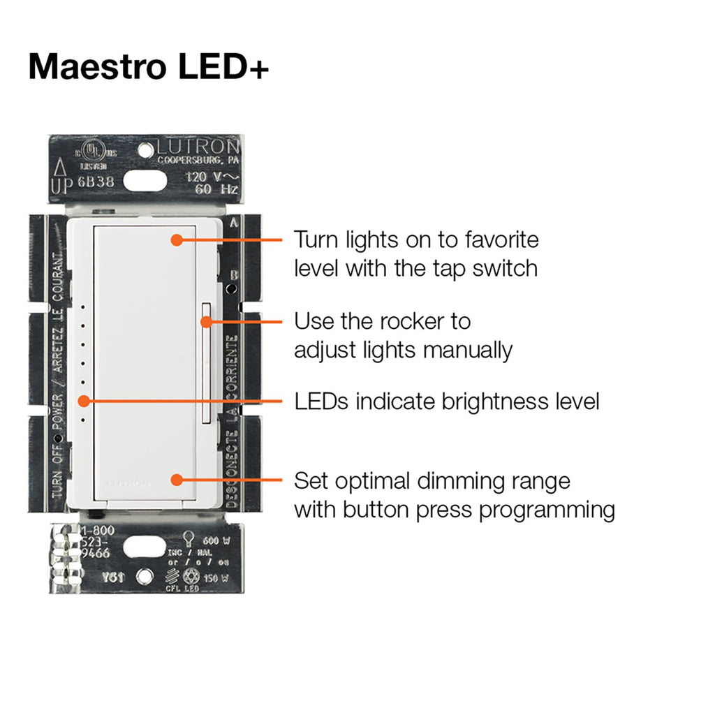 Lutron Maestro LED+ Dimmer Switch 2-Pack | 150W LED/CFL, 600W Incandescent | Single-Pole or Multi-Location – White