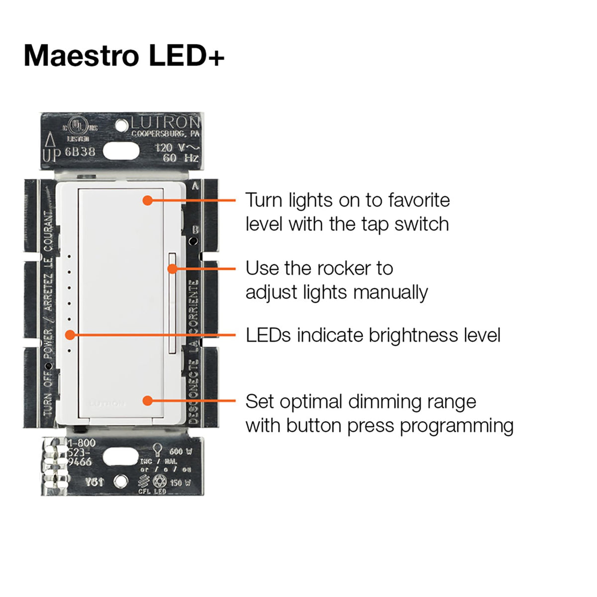 Lutron Maestro LED+ Dimmer Switch 2-Pack | 150W LED/CFL, 600W Incandescent | Single-Pole or Multi-Location – White