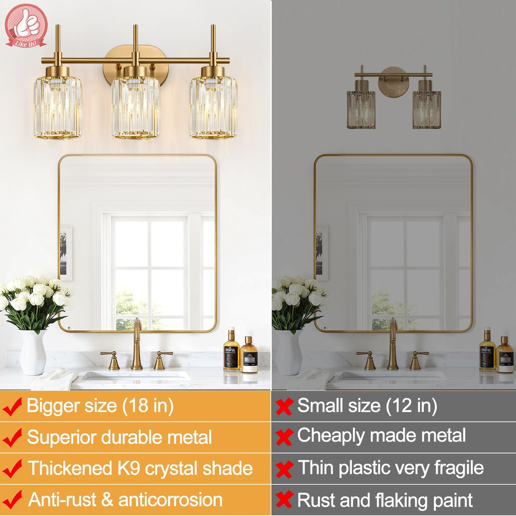 Meybiok Modern Crystal Bathroom Vanity Light - 3-Light Brushed Gold | Over Mirror