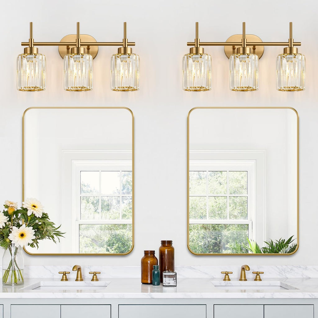 Meybiok Modern Crystal Bathroom Vanity Light - 3-Light Brushed Gold | Over Mirror
